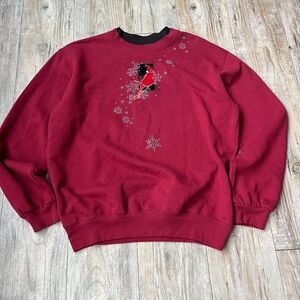 Morning Sun Vintage Sweater Small Bird Christmas Red Turtleneck Black Embroider
